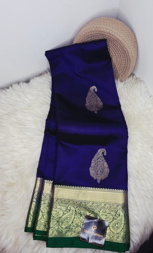 Pure Kanchipuram Silk Saree – Royal Blue With Antique Gold & Green Contrast Border