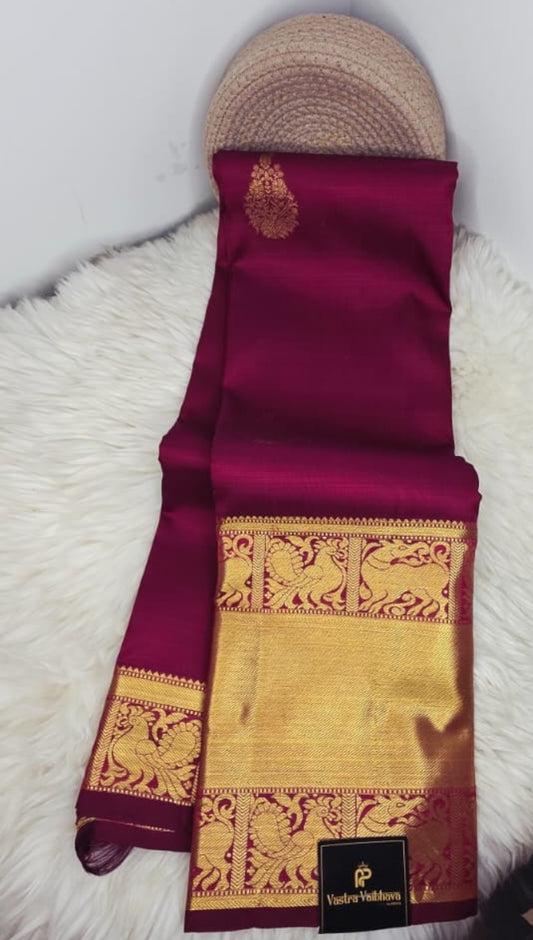Pure Kanchipuram Silk Saree – Bridal Maroon With Rich Gold Zari Weaving