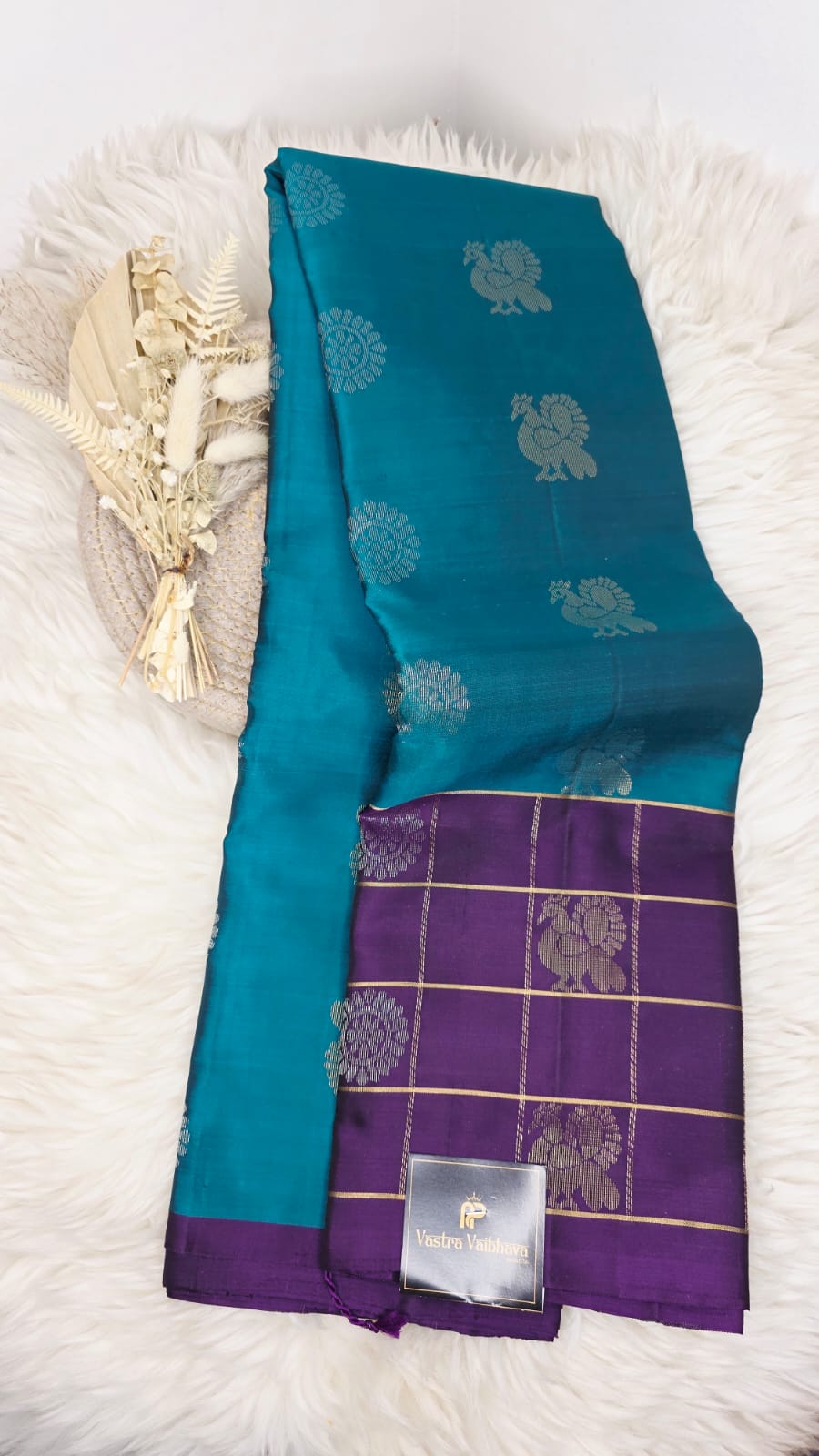 Pure Kanchipuram Silk Saree – Teal Green With Purple Checked Zari Border