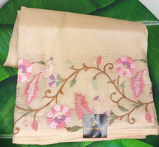 Pure Tissue Floral Thread Work Saree- Soft Beige