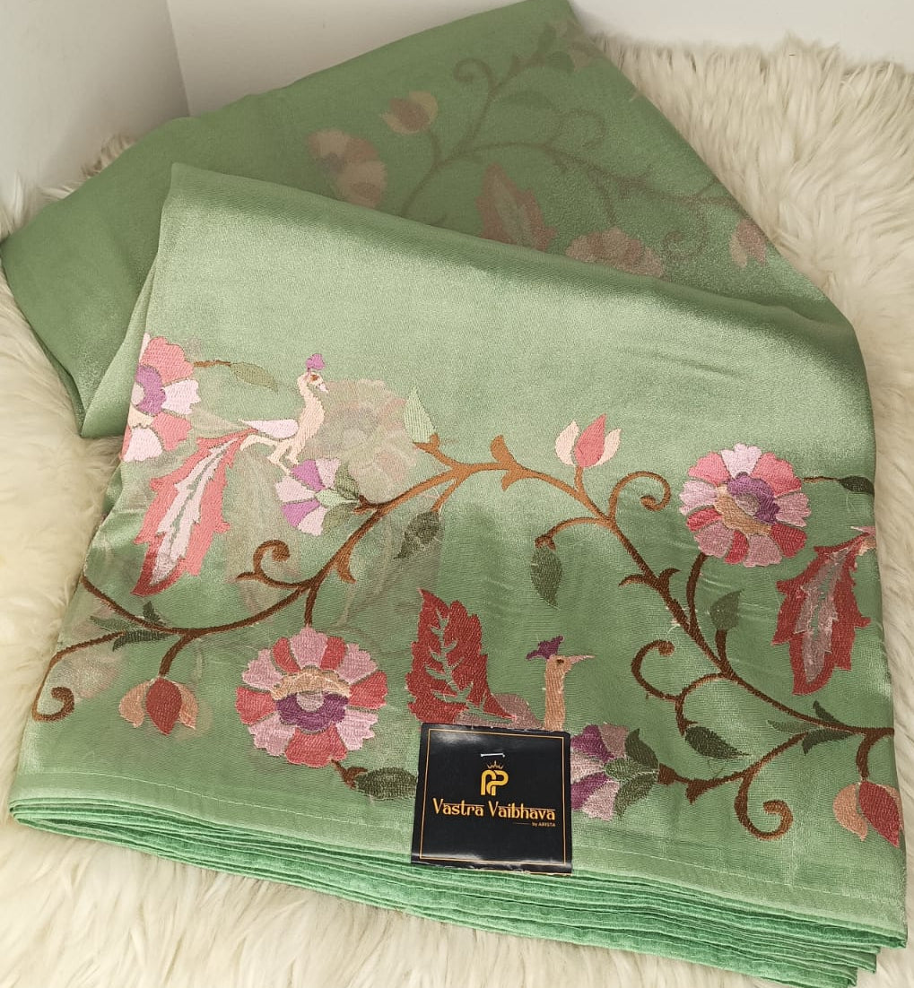 Pure Tissue Floral Thread Work Saree- Light green