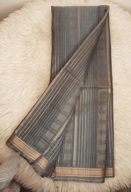 Classic Grey pure Cotton Silk Saree with Subtle Stripes