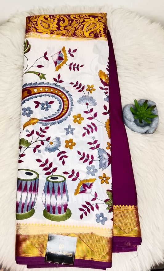 Semi Crepe Silk Saree – Half Digital Print & Half Plain