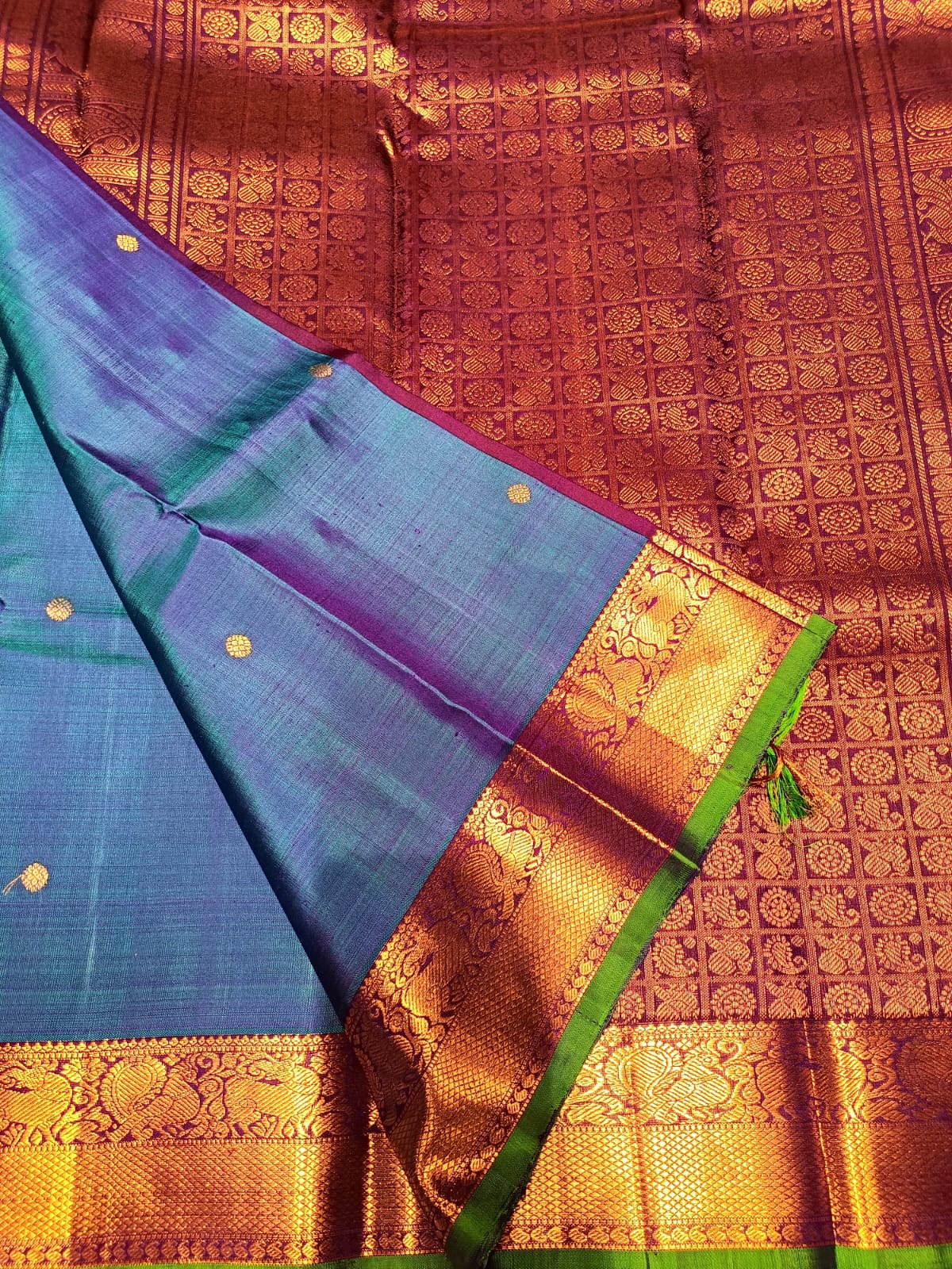 Pure Kanchipuram Silk Saree – Peacock Blue with Rich Maroon & Gold