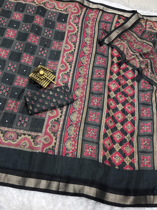 Ajark Printed Mirror work Saree