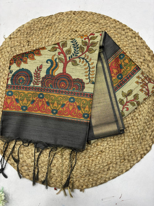 Kadhi raw silk Kalamkari printed saree