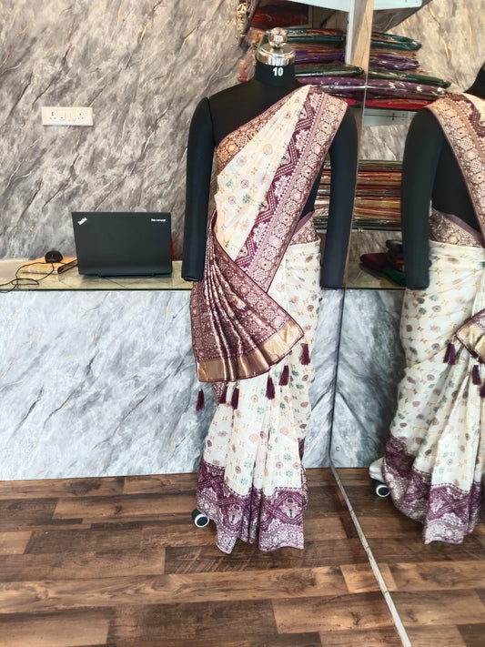 White Embroidery patola Work Saree