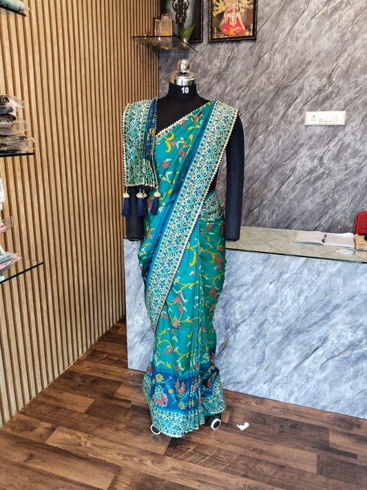 Blue Embroidery patola Work Saree