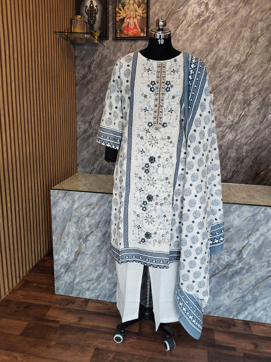 White cotton embroidery work with chumki work