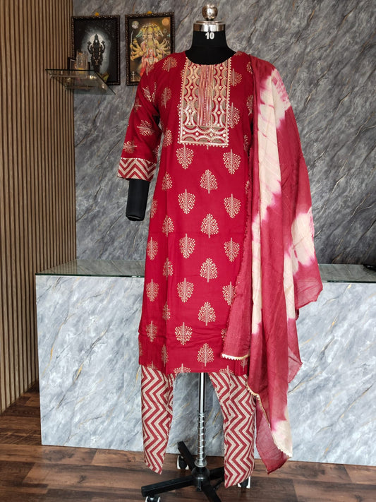 Cotton Rayon mixed Floral Print Red