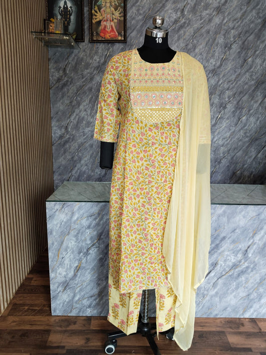 Cotton Floral Print and Embroidery Yellow