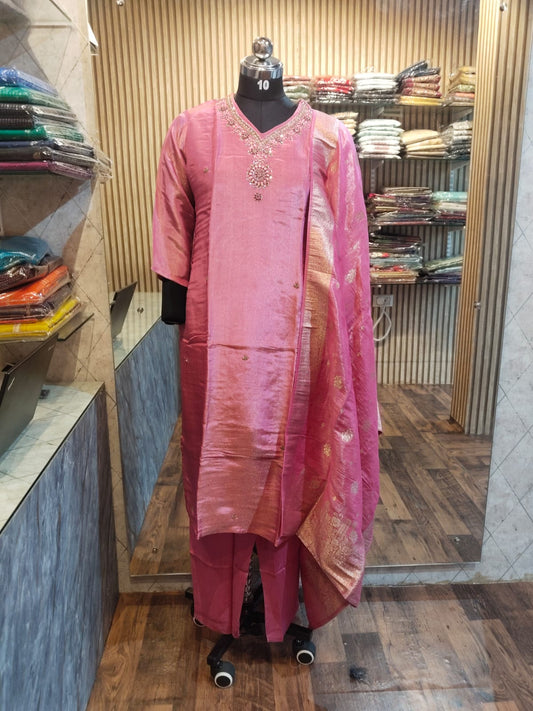Silk Blend Kurta Set – Hand Work | Party Wear (Pink)