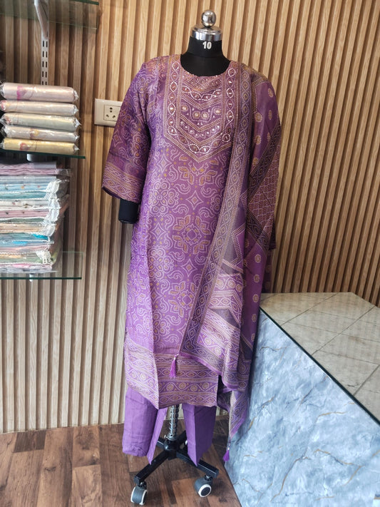 Bandhani Print Raw Silk 3-Piece Suit Set