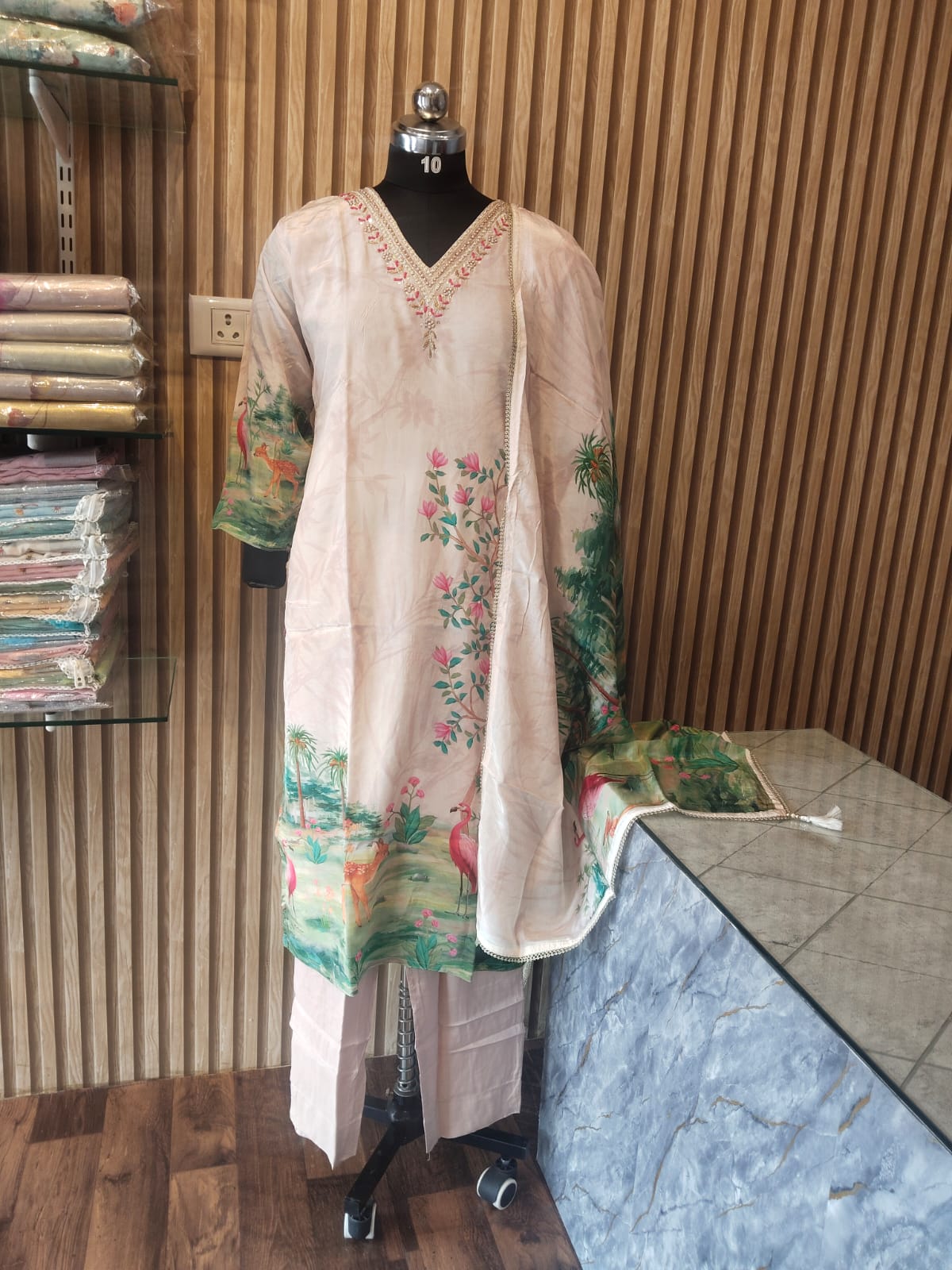 Crepe silk Cream Floral Animal Print