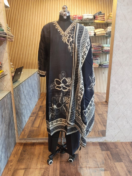 Organza Black with Floral prints and Handwork