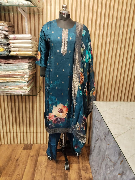 Blue beads work and floral prints