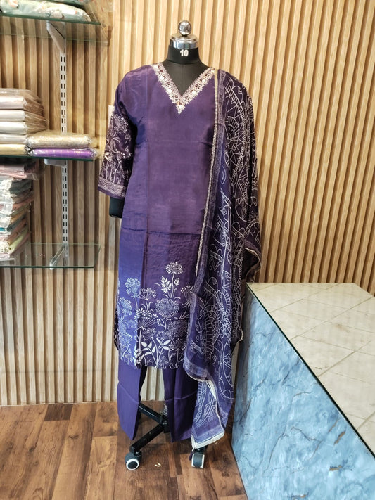 Straight Cut 3-Piece Suit with Pearl Beads & Animal Print Detailing