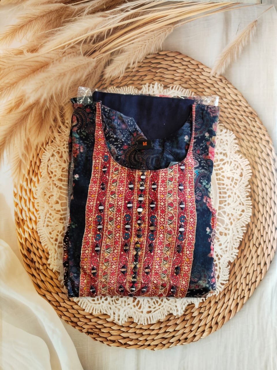 Crepe silk Black with floral print mirror work