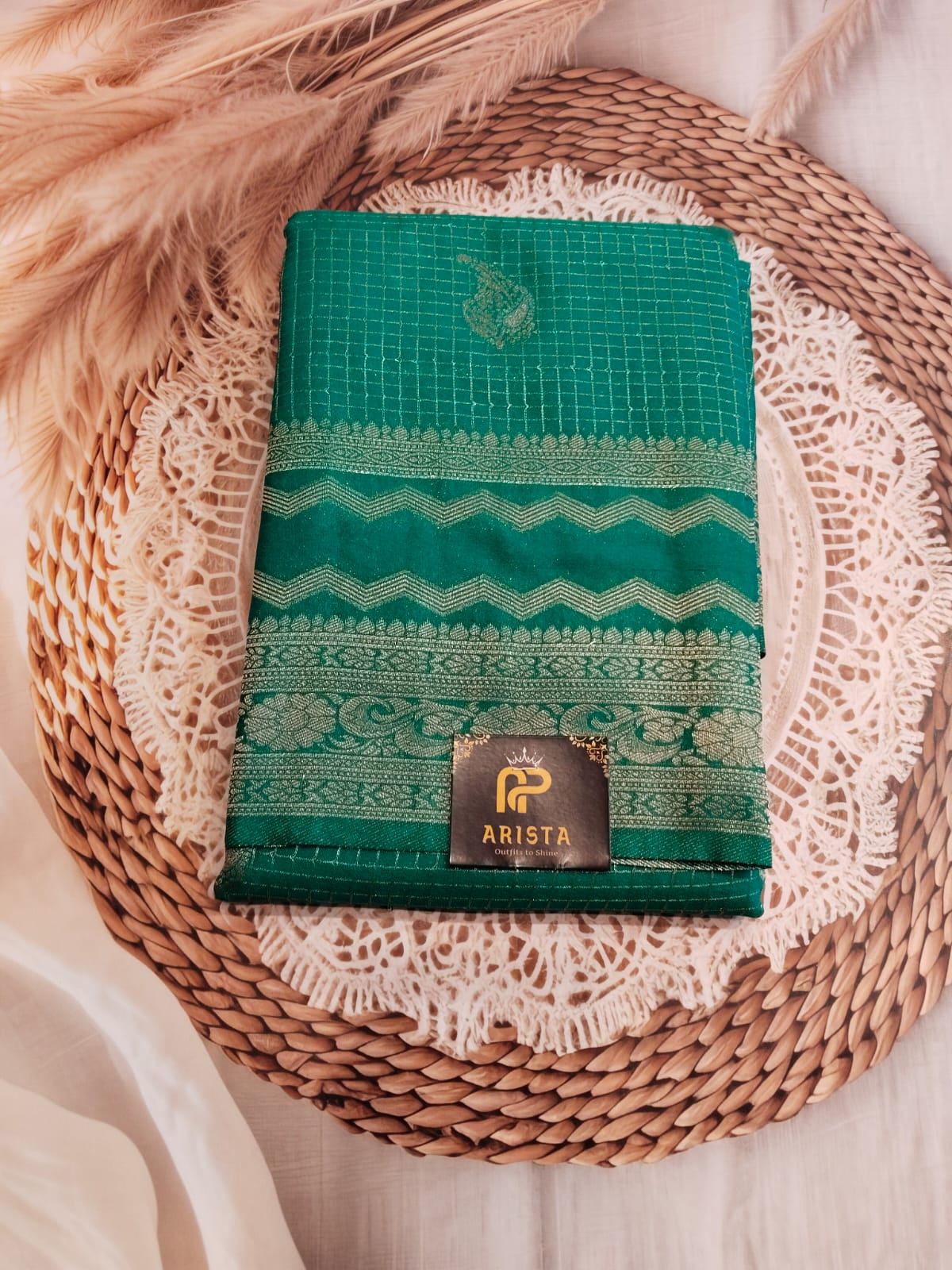 CREPE SILK Green with Checks Butta