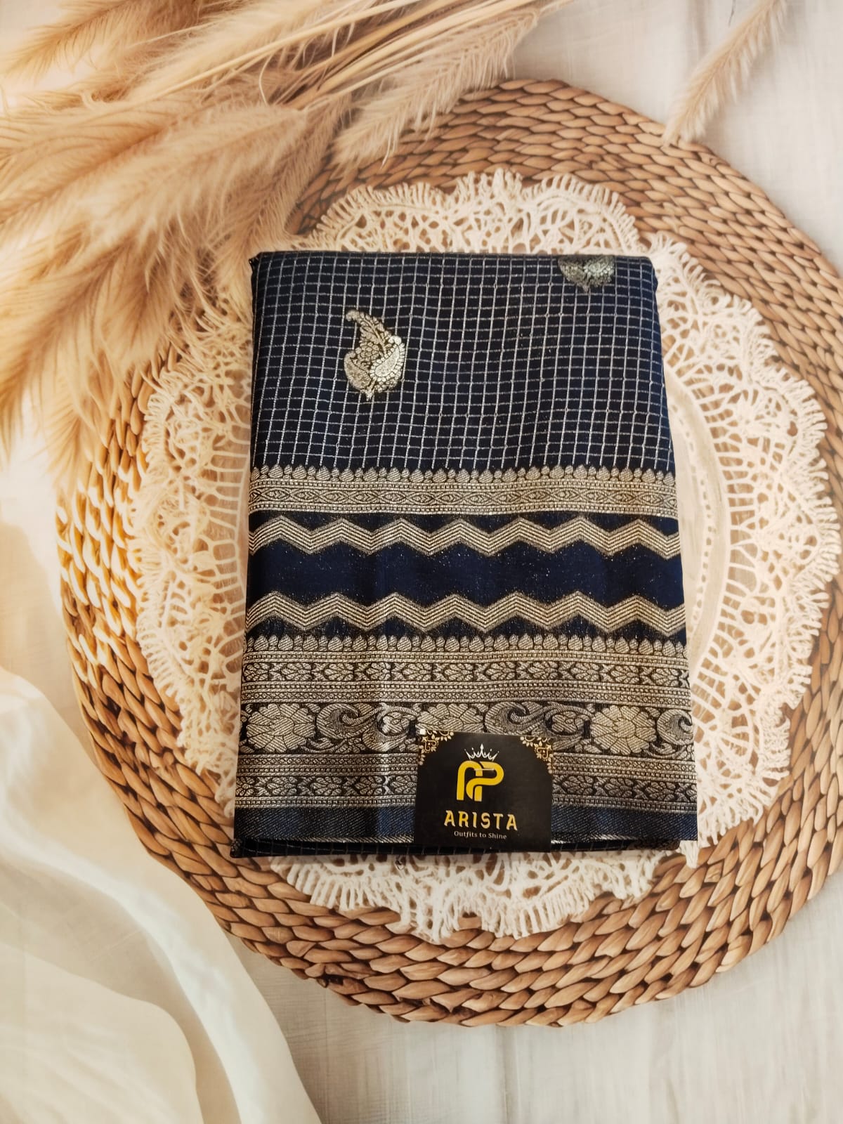 CREPE SILK Ink Blue with Checks Butta