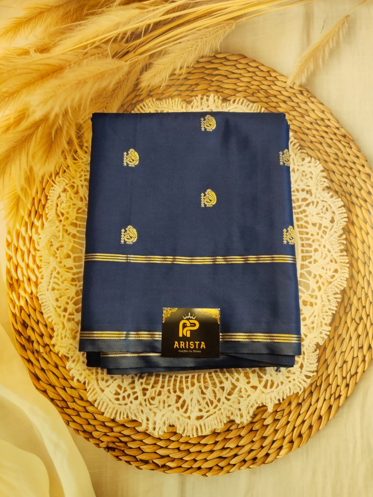 CREPE SILK Ink Blue & Golden Peacock Motifs Saree