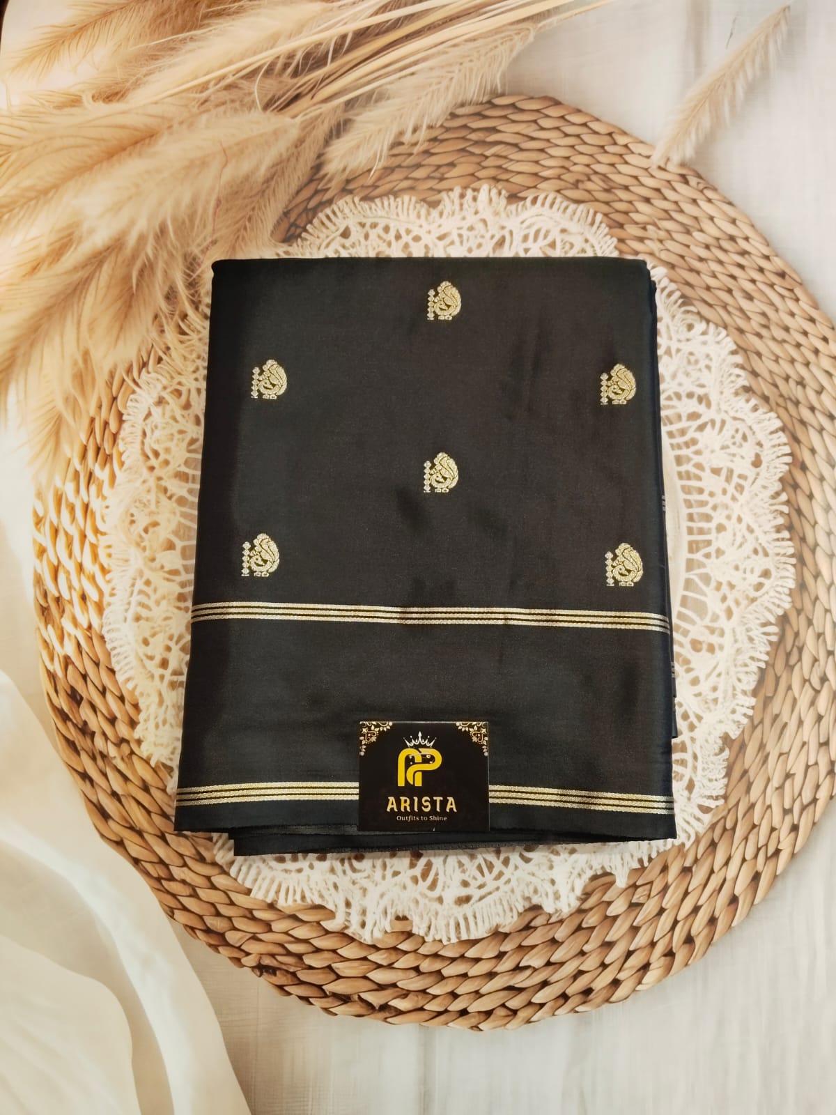 CREPE SILK Black & Golden Peacock Motifs Saree