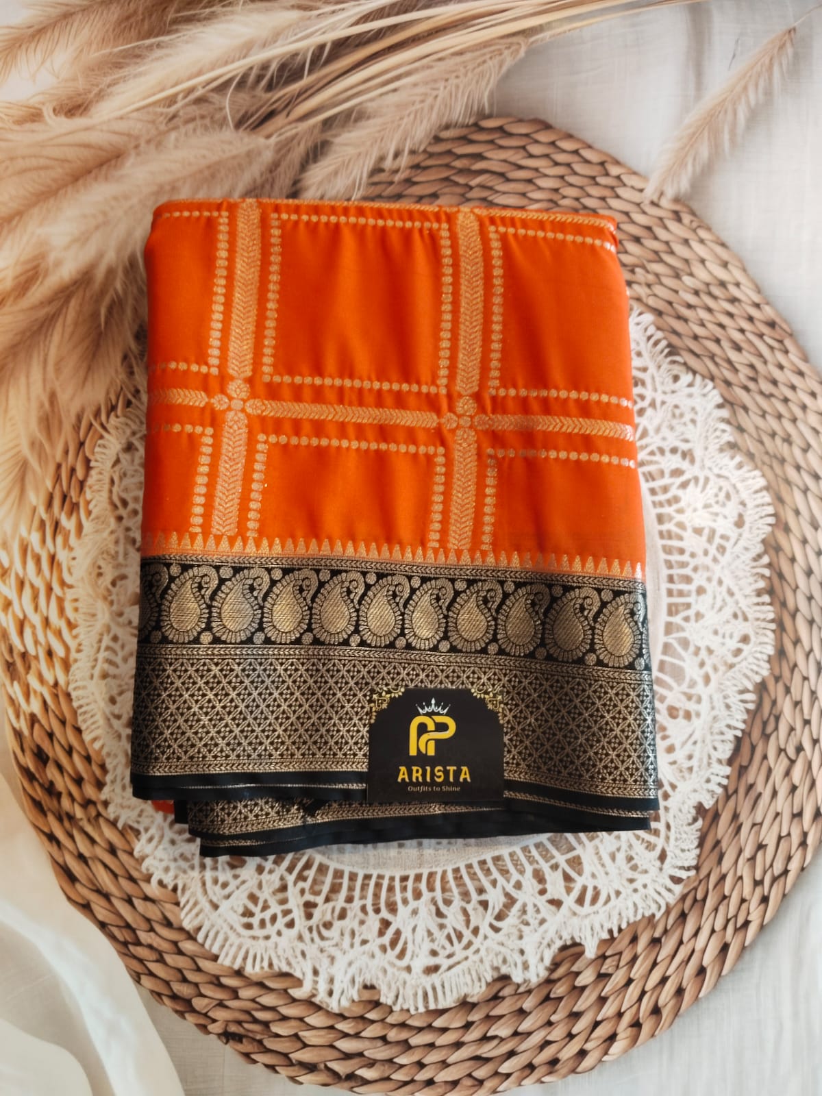 Semi Crepe Silk Vintage Orange with Black Saree