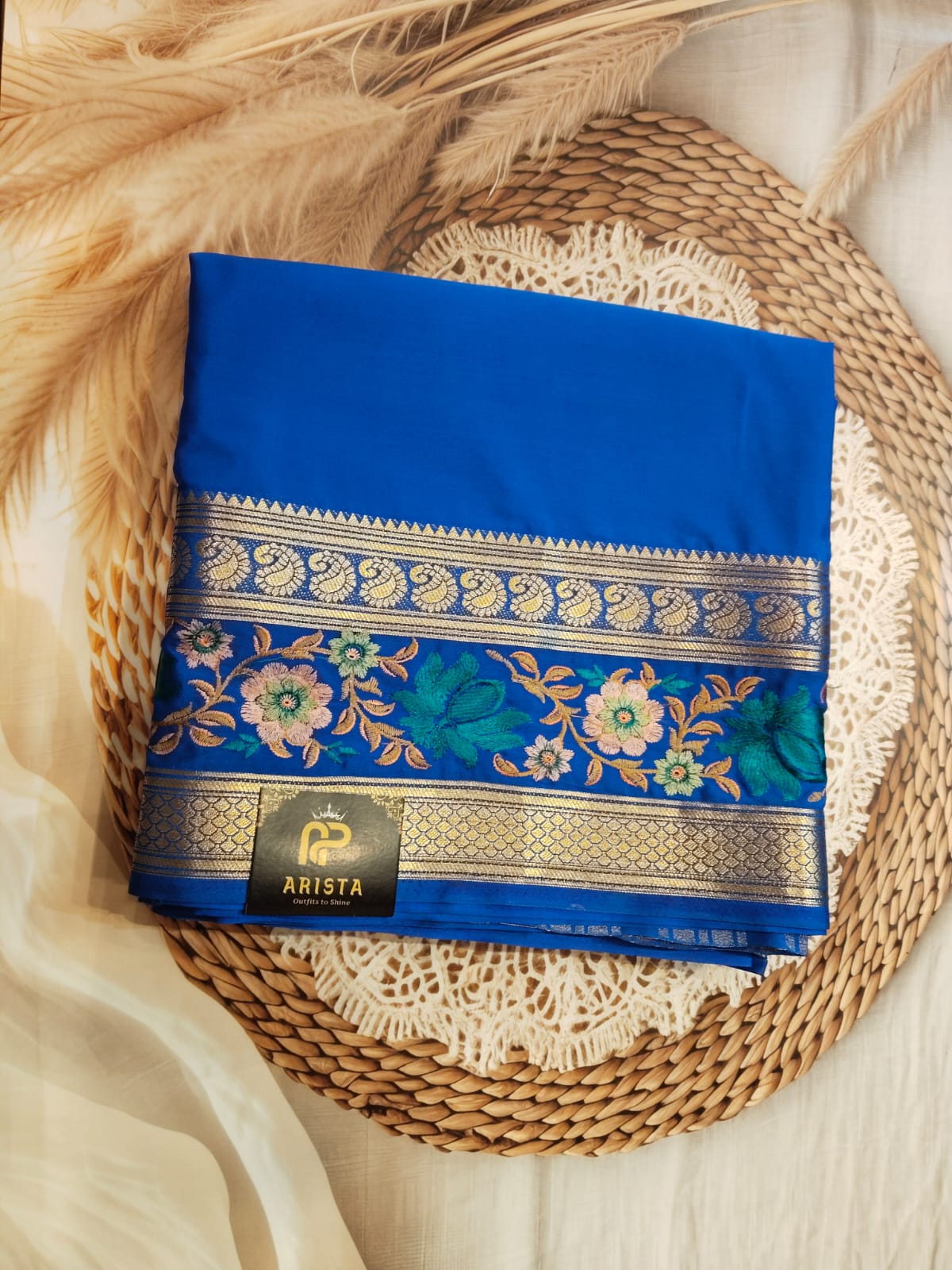 Semi Crepe Silk Blue with Embroidery
