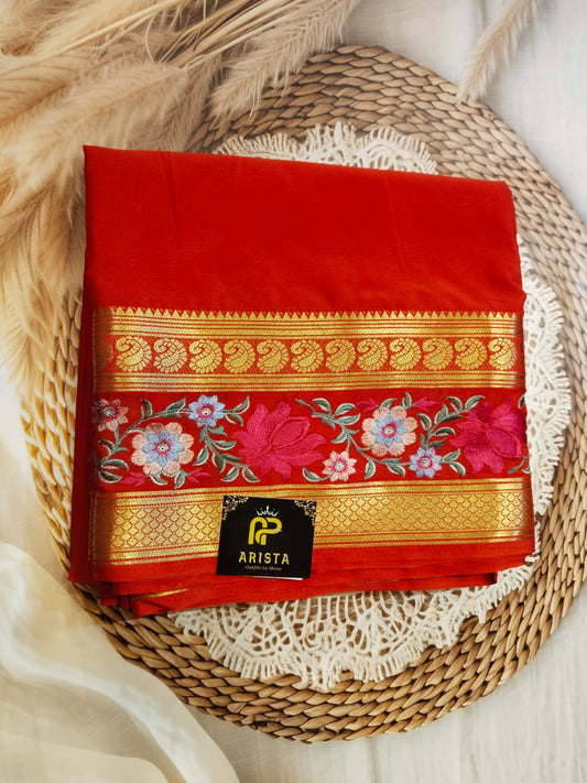 Semi Crepe Silk Red with Embroidery