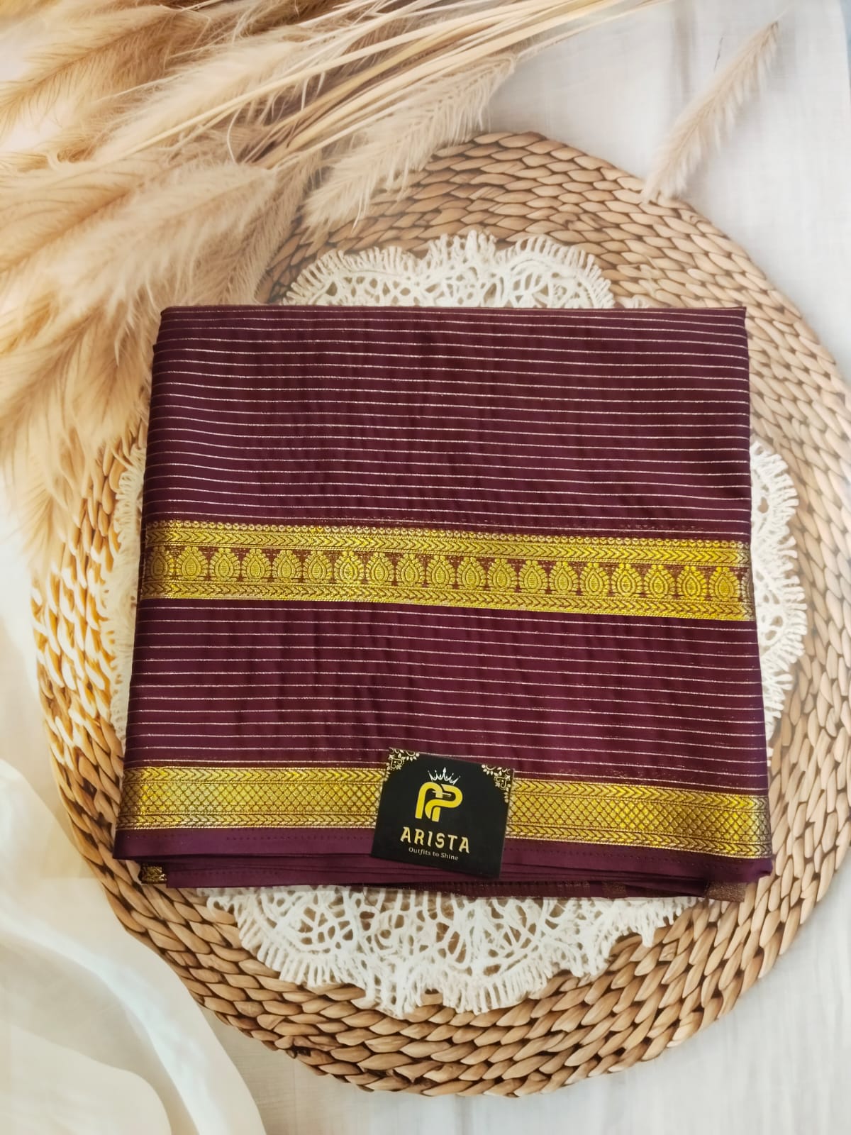 CREPE SILK Coffee Brown with Golden Stripes Saree