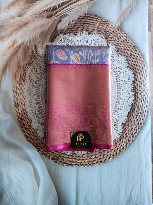 Semi Kanchipuram Tissue Silk Saree Premium Navy Blue & Pink