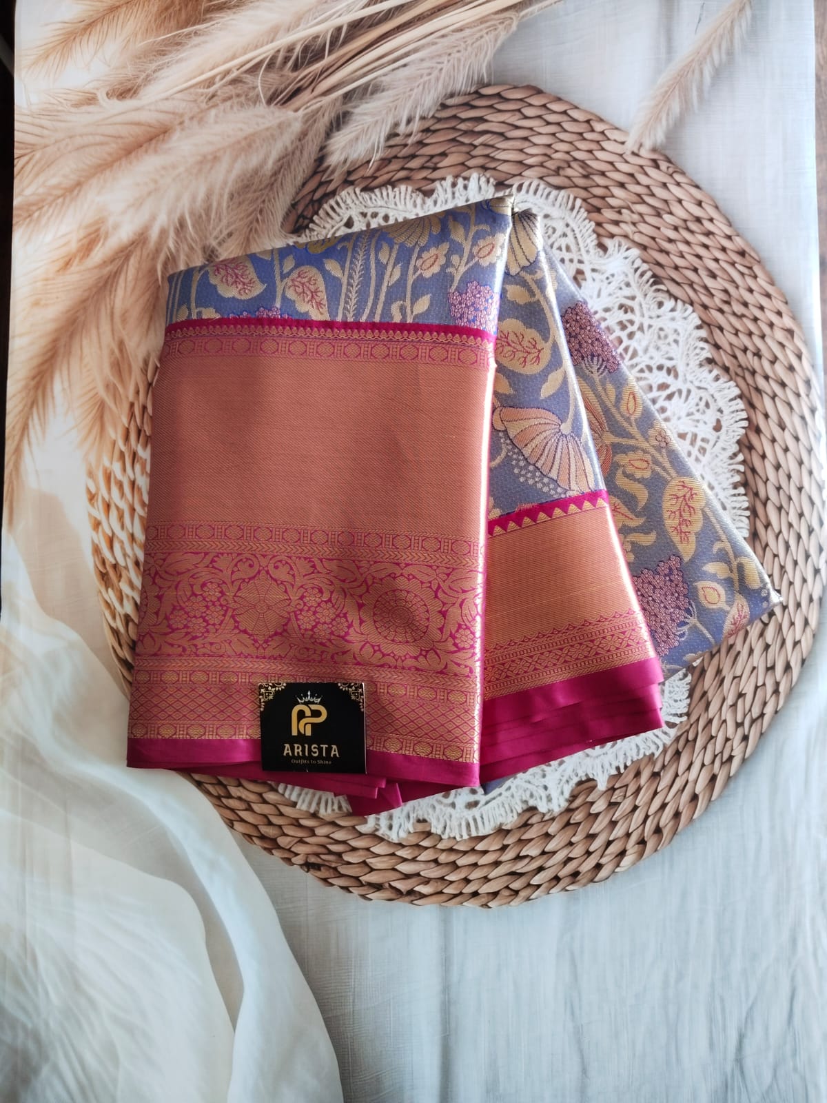 Semi Kanchipuram Tissue Silk Saree Premium Navy Blue & Pink