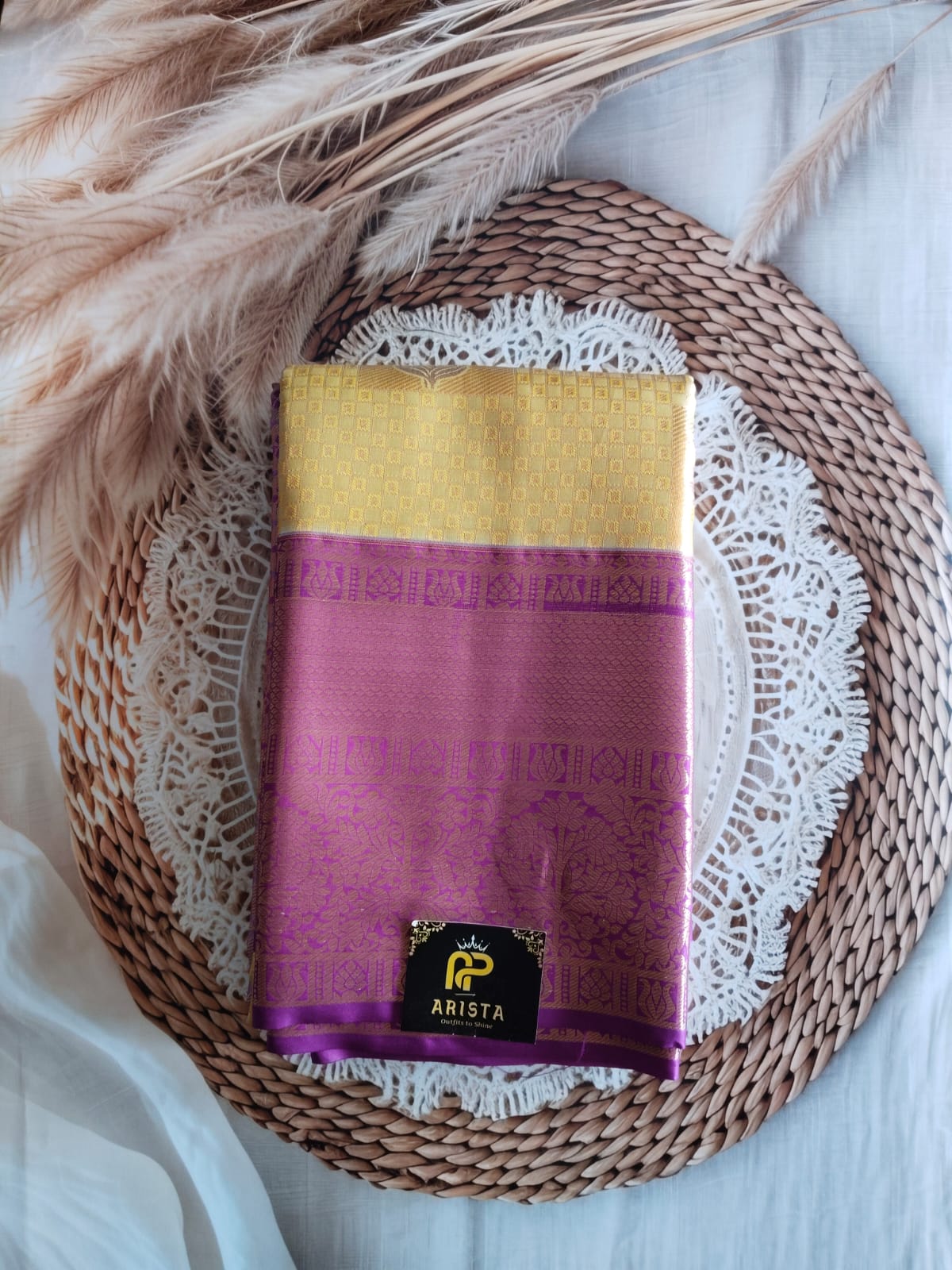Semi Kanchipuram silk Yellow with Purple Border Saree