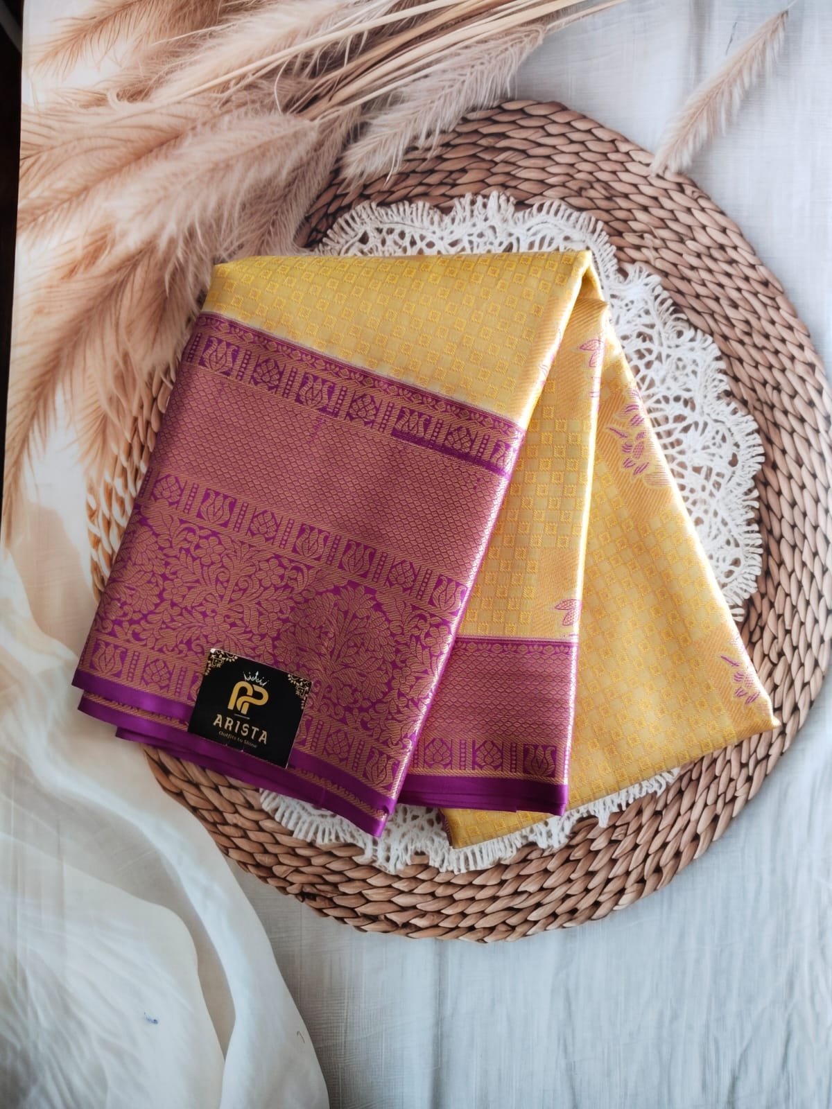 Semi Kanchipuram silk Yellow with Purple Border Saree