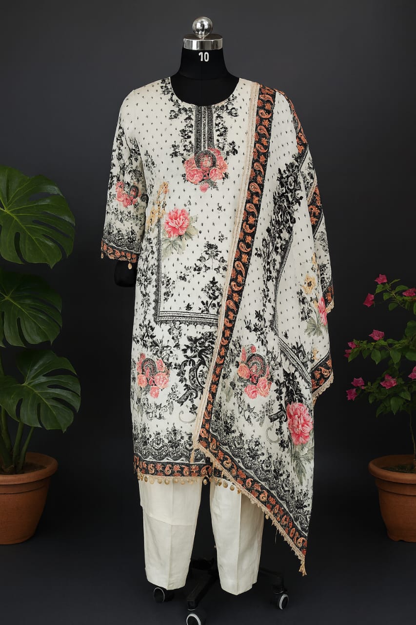 White Crepe Silk Floral Print Suit Set