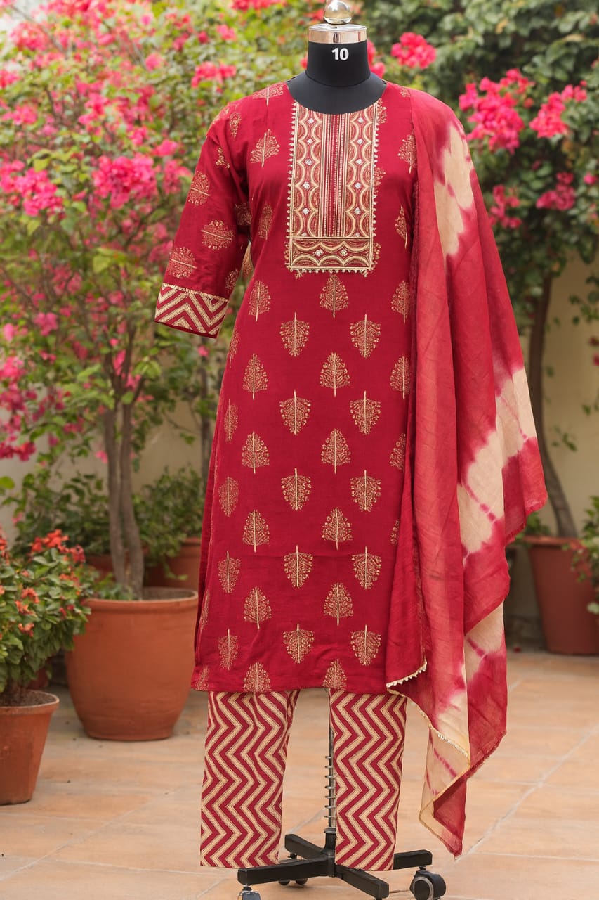 Cotton Rayon mixed Floral Print Red