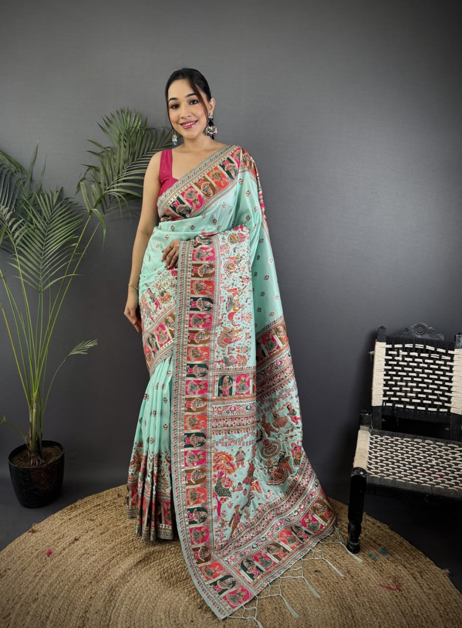 Pashmina Silk Saree with Meenakari Weaving/Sea Green