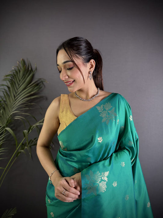 Soft Lichi Silk Saree with golden zari/Rama Green