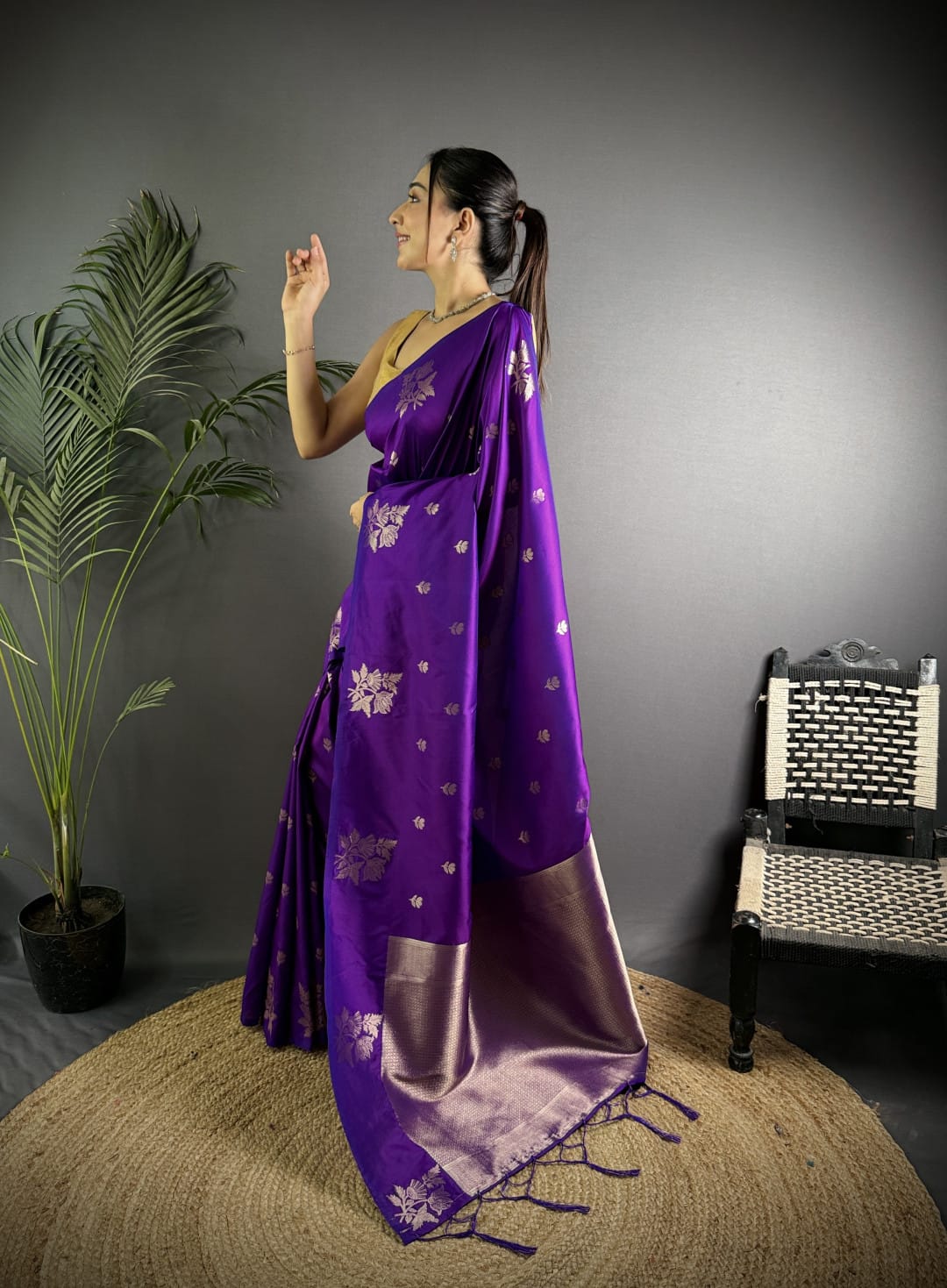Soft Lichi Silk Saree with golden zari/Purple