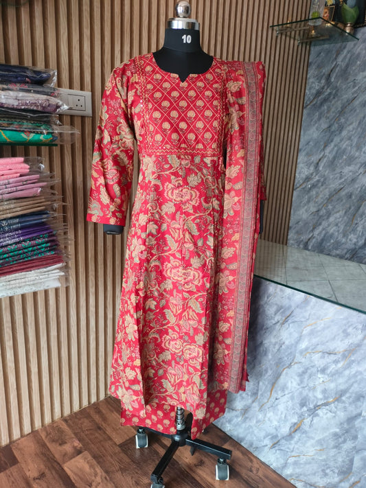 RED FLORAL PRINTED ANARKALI 3PCS SET