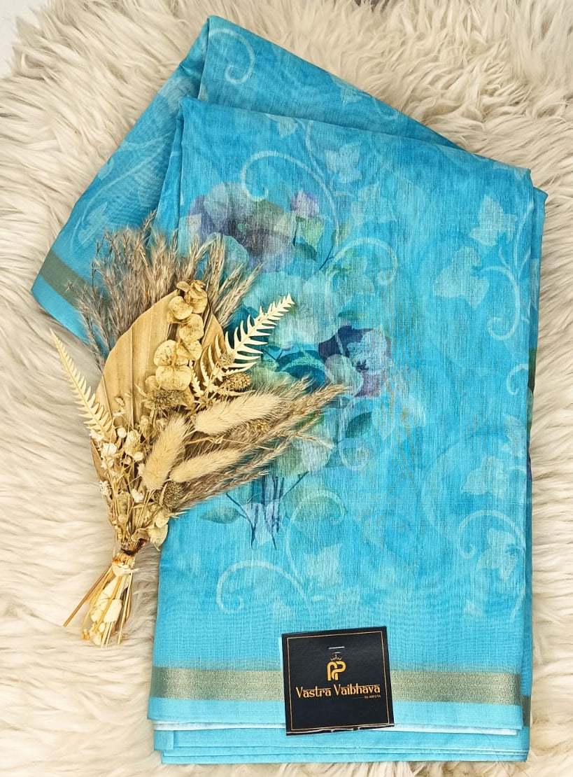 MUL CHANDERI SAREE- AQUA BLUE