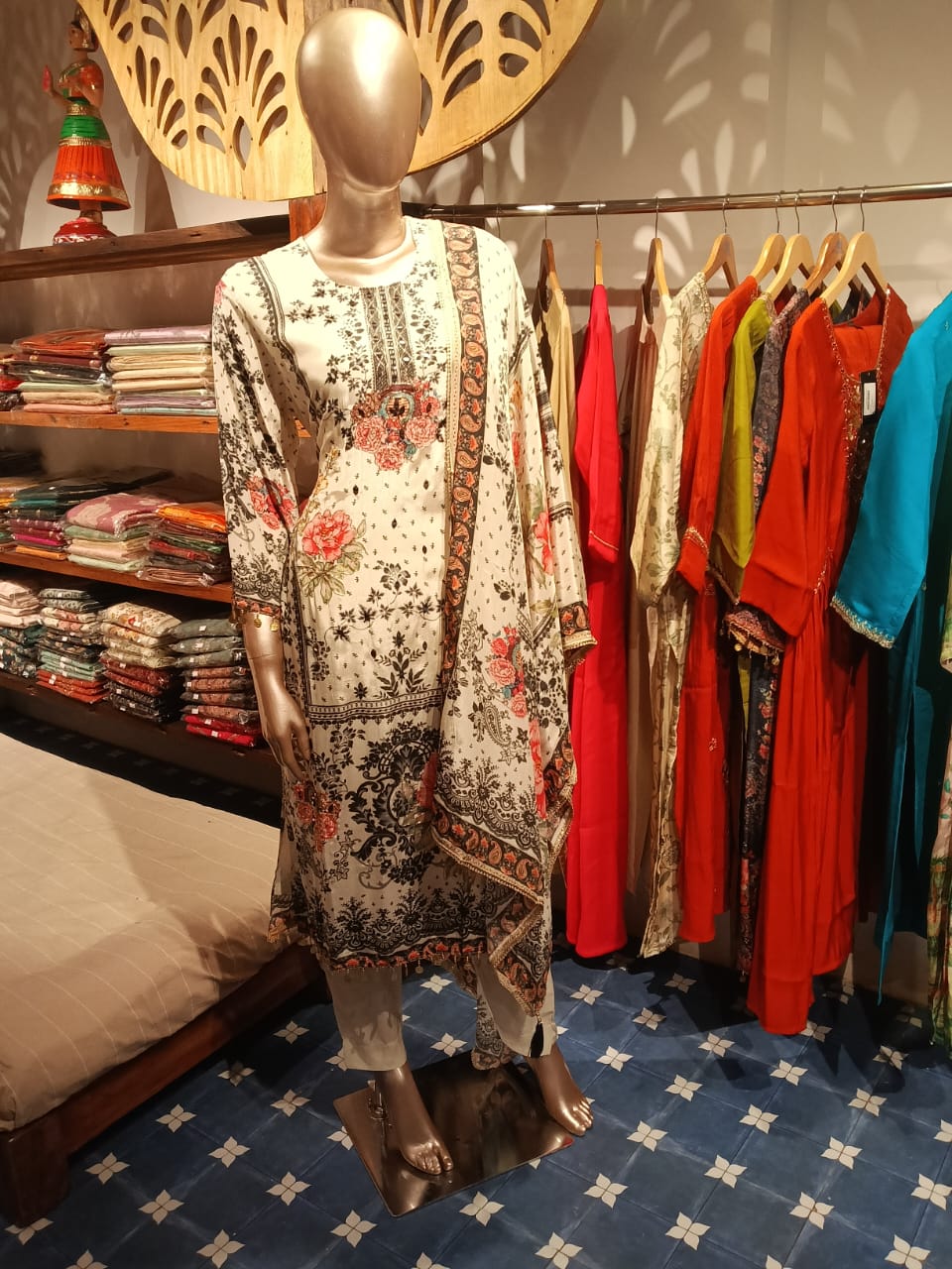 White Crepe Silk Floral Print Suit Set