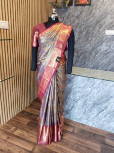 Semi Kanchipuram Tissue Silk Saree Premium Navy Blue & Pink