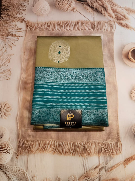 Olive Green & Teal Semi Kanchipuram Silk Saree with Silver Zari Border