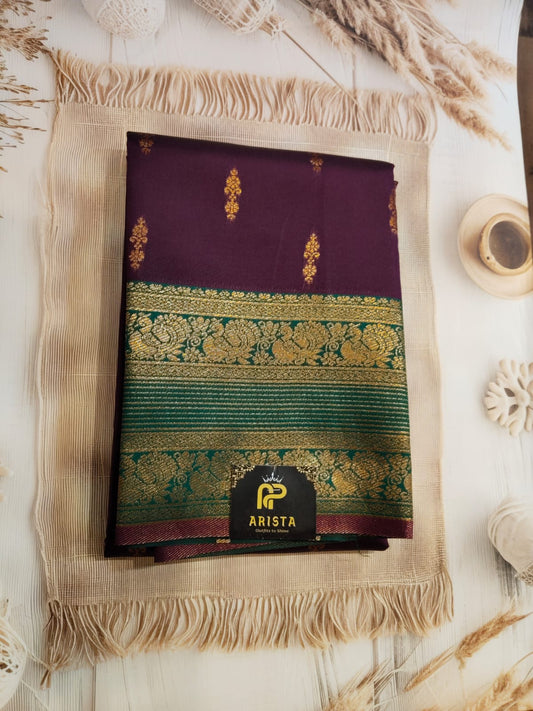 Maroon & Green Semi Kanchipuram Silk Saree with Golden Zari Border
