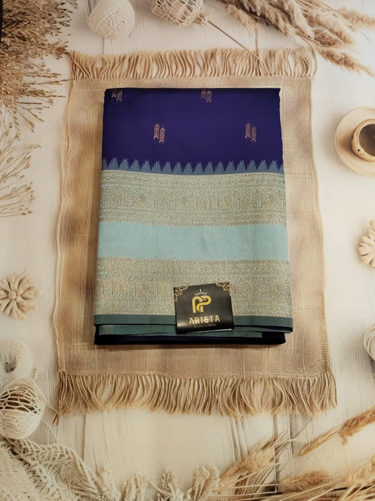 Navy & Sky Blue Semi Kanchipuram Silk Saree with Silver Zari Border