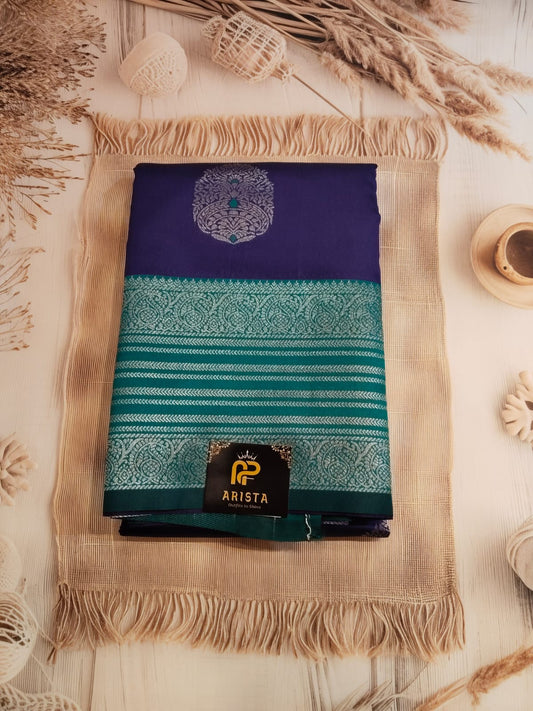 Royal Blue & Green Semi Kanchipuram Silk Saree with Silver Zari Border