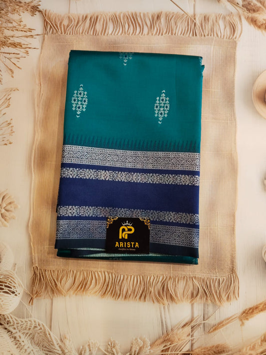 Teal & Navy Semi Kanchipuram Silk Saree with Silver Zari Border