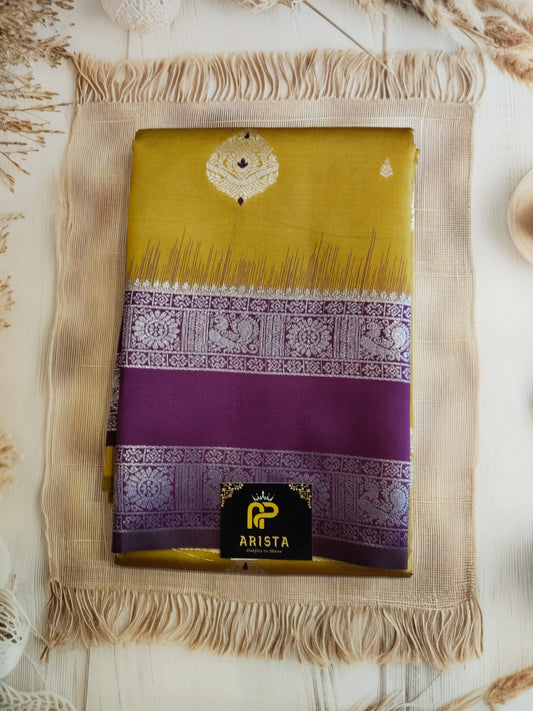 Mustard Yellow & Purple Semi Kanchipuram Silk Saree with Silver Zari Border