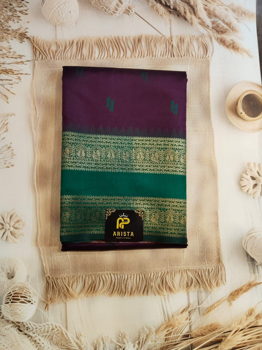 Royal Purple & Emerald Green Semi Kanchipuram Silk Saree with Golden Zari Border